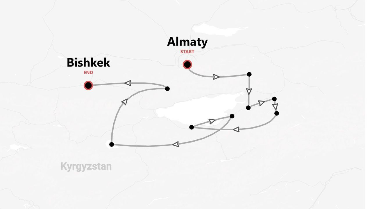 Eine Karte mit einer Reiseroute von Almaty nach Bischkek, Kirgisistan.