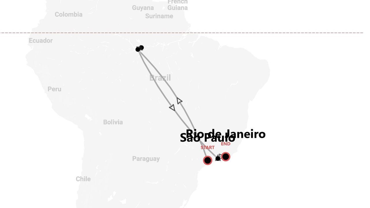 Eine Karte, die eine Reiseroute in Brasilien zeigt, beginnend in der Region São Paulo und Rio de Janeiro und nordwärts zum Amazonas führt.