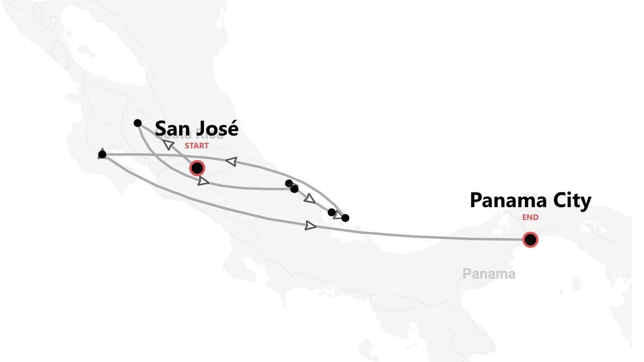 Mappa di un itinerario di viaggio da San José, Costa Rica, a Panama City, Panama, con tappe intermedie.