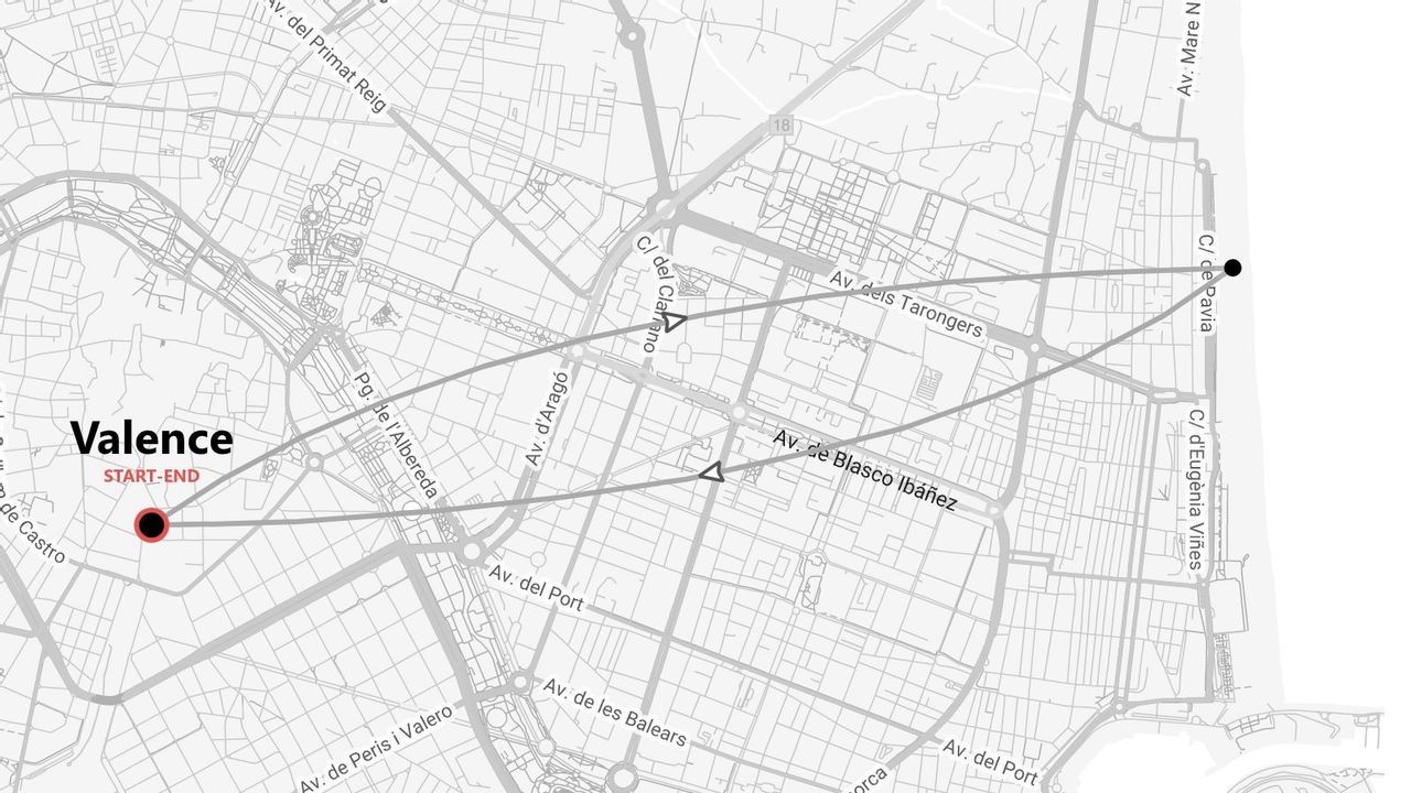 Un plan de rue en niveaux de gris de Valence, indiquant un itinéraire avec un point de départ et d'arrivée définis dans le centre-ville.