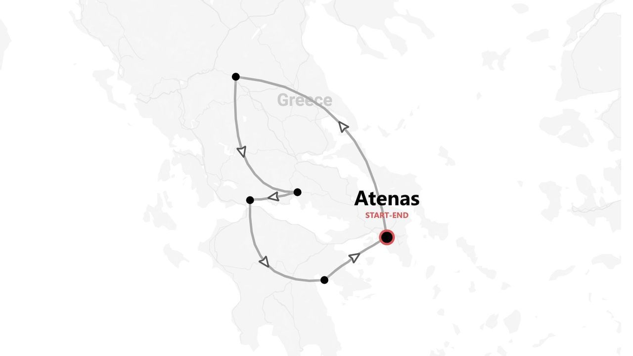 Un mapa de Grecia que muestra un itinerario de viaje circular con varias paradas, con inicio y fin en Atenas.