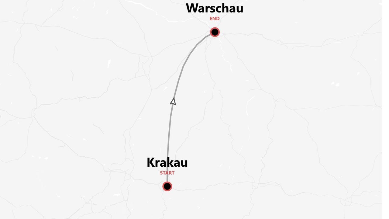 Eine Karte, die eine Reiseroute von Krakau nach Warschau zeigt.