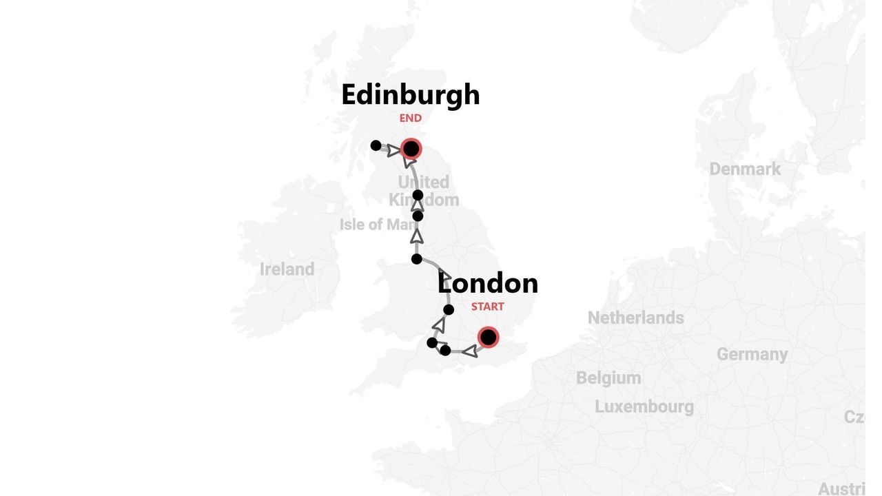 A map of the United Kingdom showing a travel route that starts in London and ends in Edinburgh.