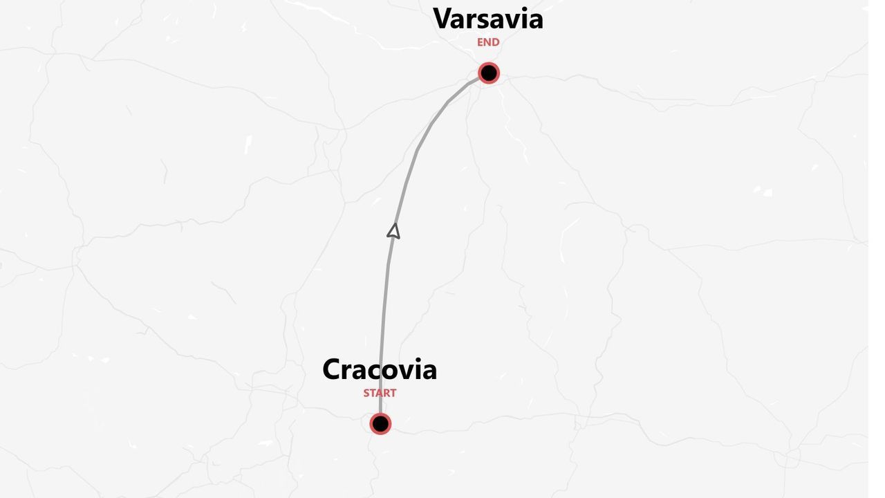 Mappa dell'itinerario di viaggio da Cracovia a Varsavia, Polonia.