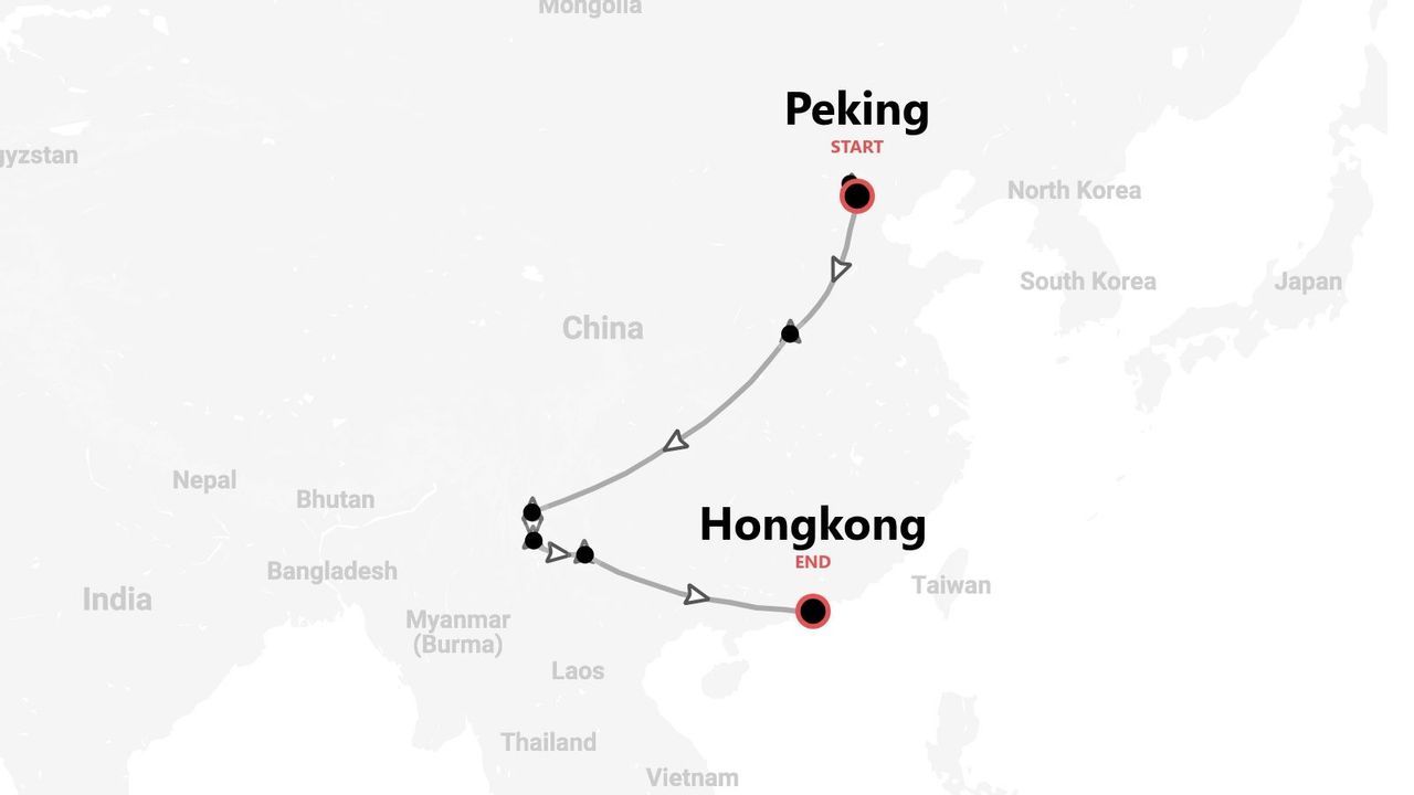 Eine Karte von China mit einer Reiseroute, die in Peking beginnt und in Hongkong endet.