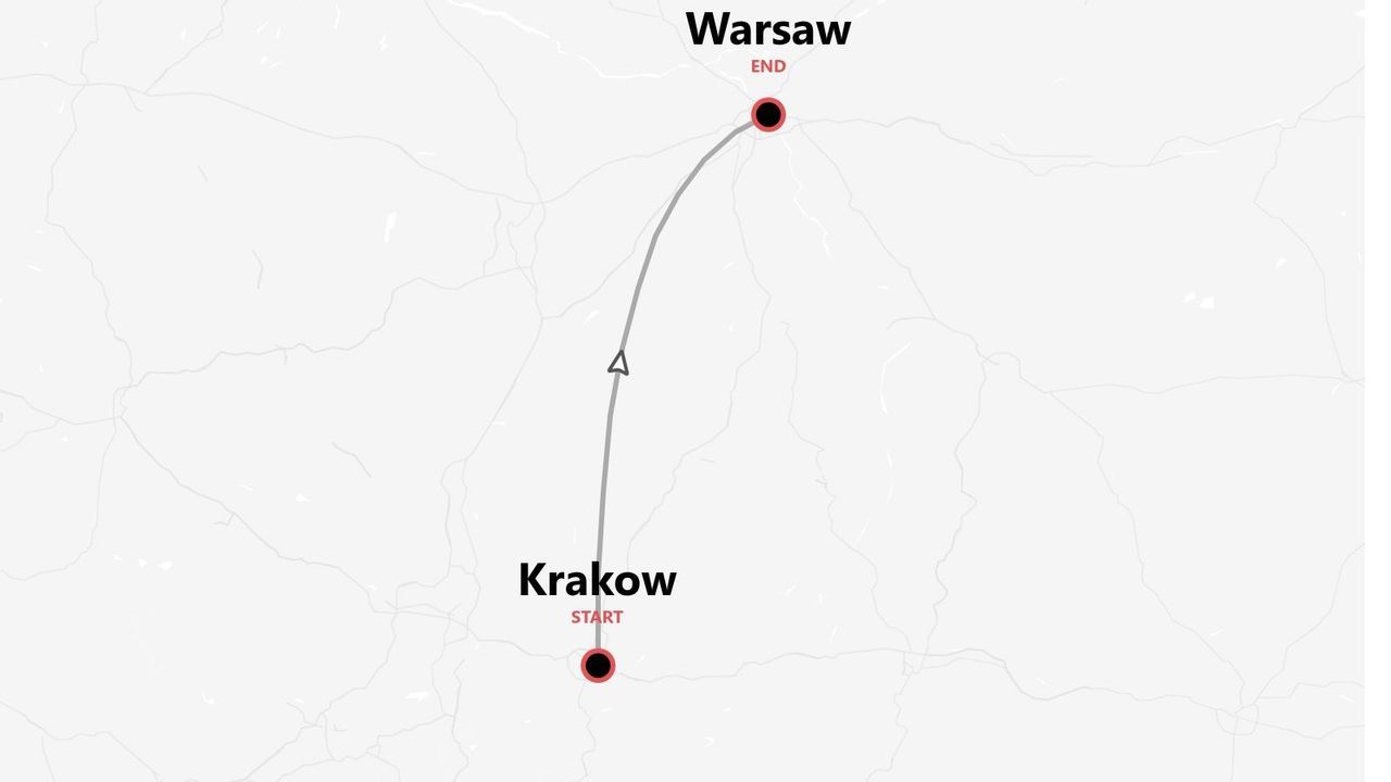A map showing a travel route starting in Krakow and ending in Warsaw.