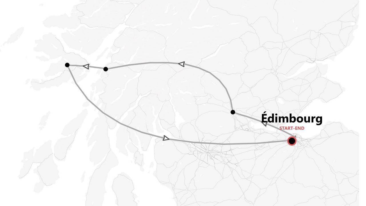Carte minimaliste illustrant un itinéraire de voyage aller-retour au départ et à l'arrivée d'Édimbourg, en Écosse.