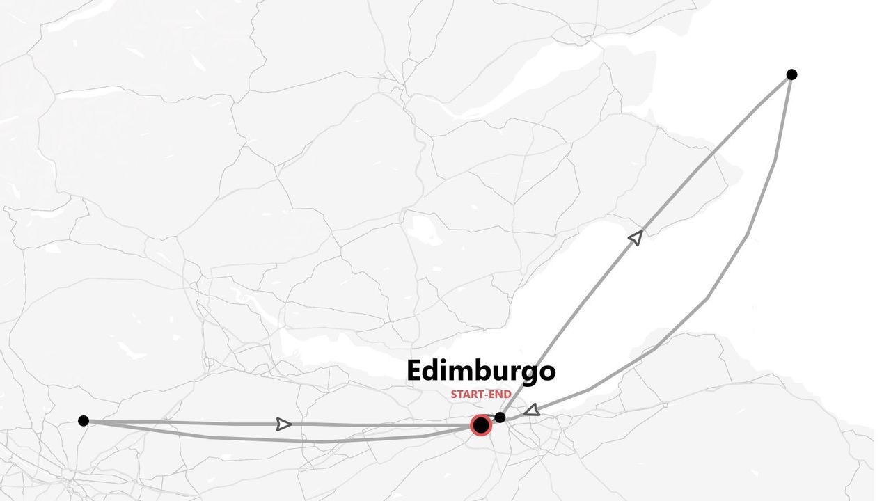 Mapa minimalista: itinerario de viaje en Edimburgo.