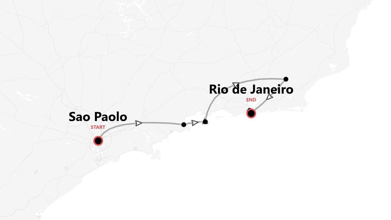A map showing a travel route starting in Sao Paolo and ending in Rio de Janeiro, with stops indicated along the way.