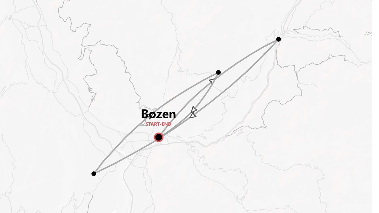 Eine stilisierte Karte, die einen Routenverlauf von und nach Bozen mit mehreren verbundenen Wegpunkten zeigt.