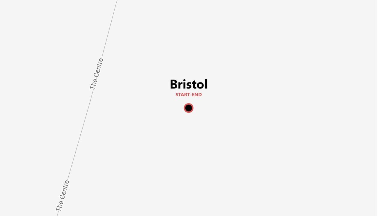 Una mappa minimalista che mostra Bristol come punto di partenza e arrivo di un percorso che si snoda lungo una strada chiamata The Centre.