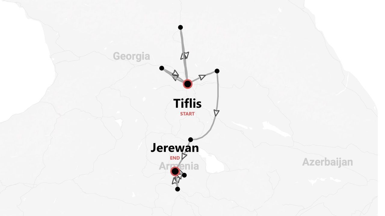 Eine Karte, die eine Reiseroute zeigt, die in Tiflis, Georgien, beginnt und in Jerewan, Armenien, endet, mit mehreren eingezeichneten Stationen.