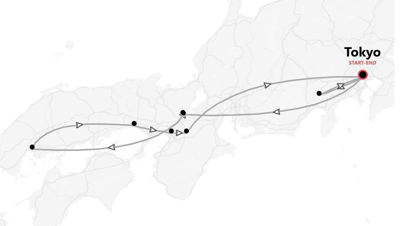 A grayscale map of Japan showing a circular travel itinerary with several stops, starting and ending in Tokyo.