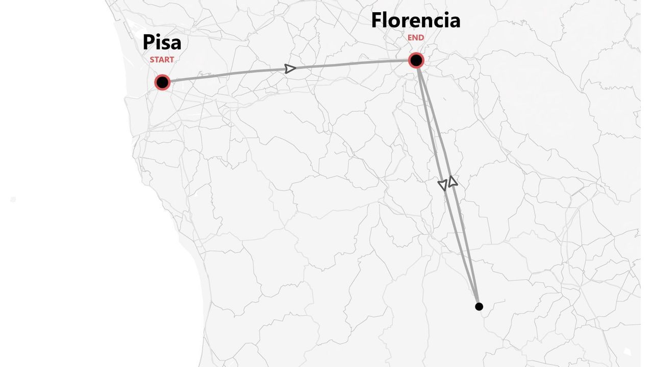 Un mapa minimalista de un itinerario de viaje que comienza en Pisa y termina en Florencia.