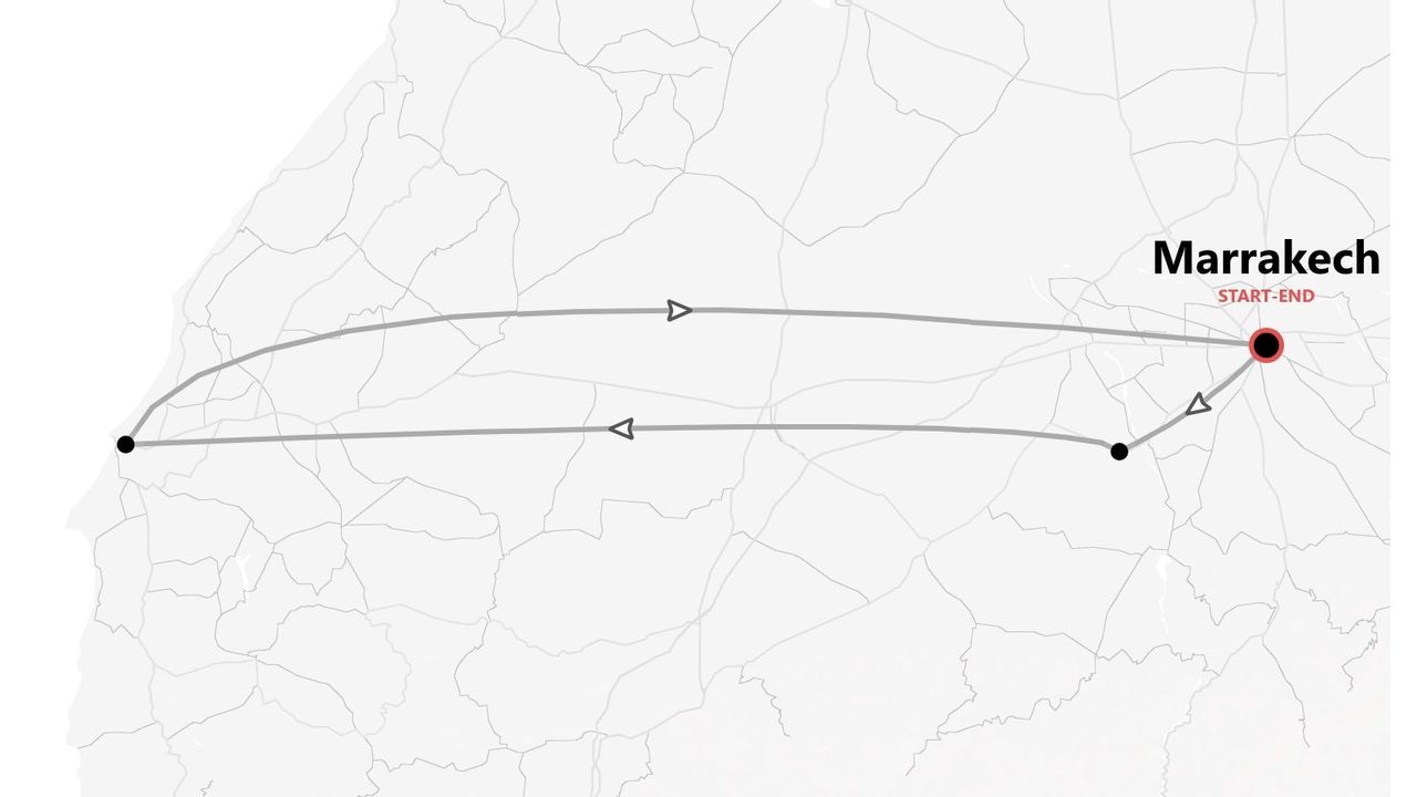 Une carte stylisée d'un itinéraire de voyage aller-retour au départ et à l'arrivée de Marrakech.