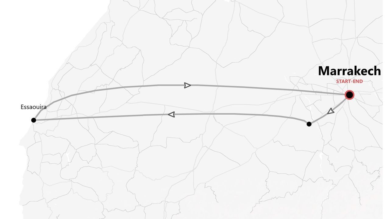 Mapa de un itinerario de viaje circular que comienza y termina en Marrakech, con parada en Essaouira.