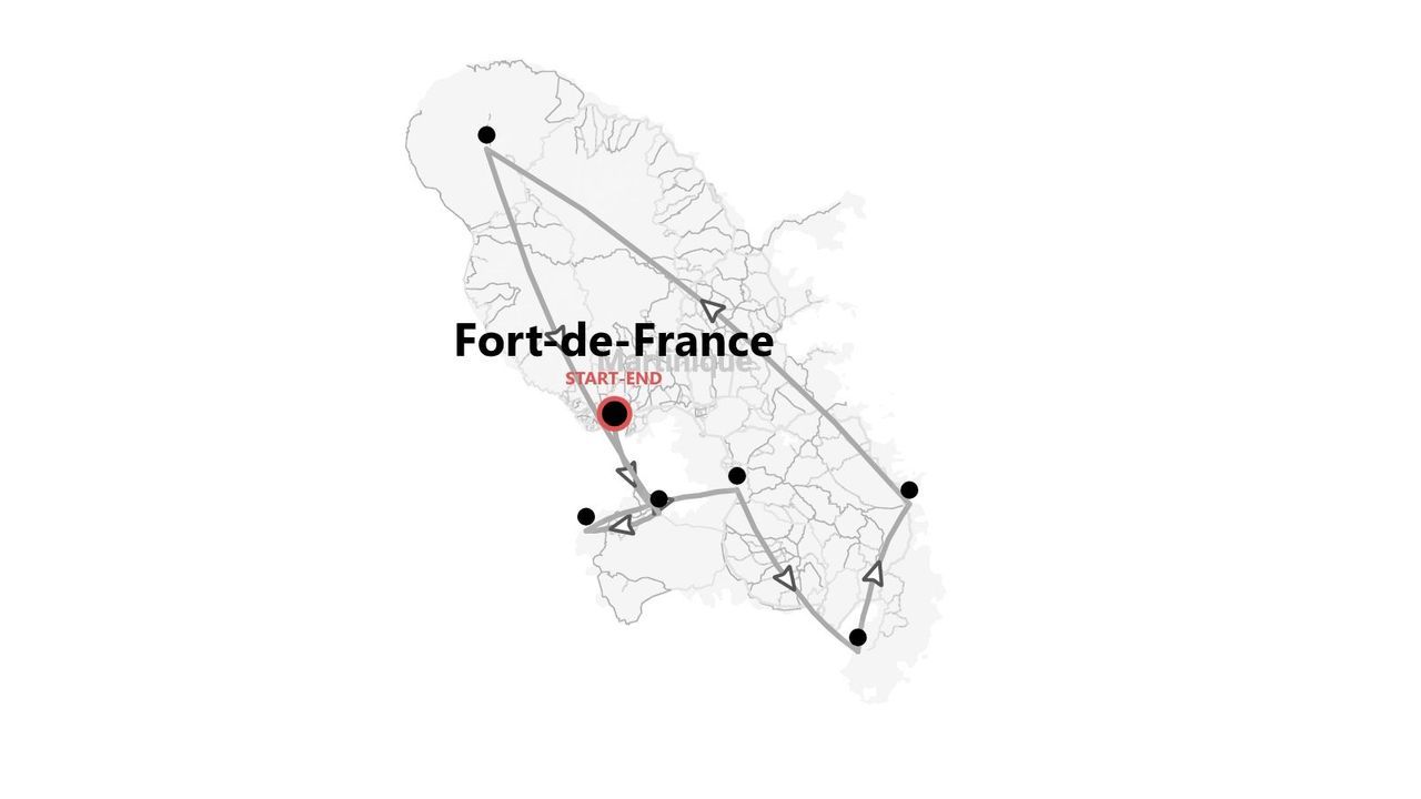 Una mappa stilizzata della Martinica che mostra un itinerario di viaggio con inizio e fine a Fort-de-France.