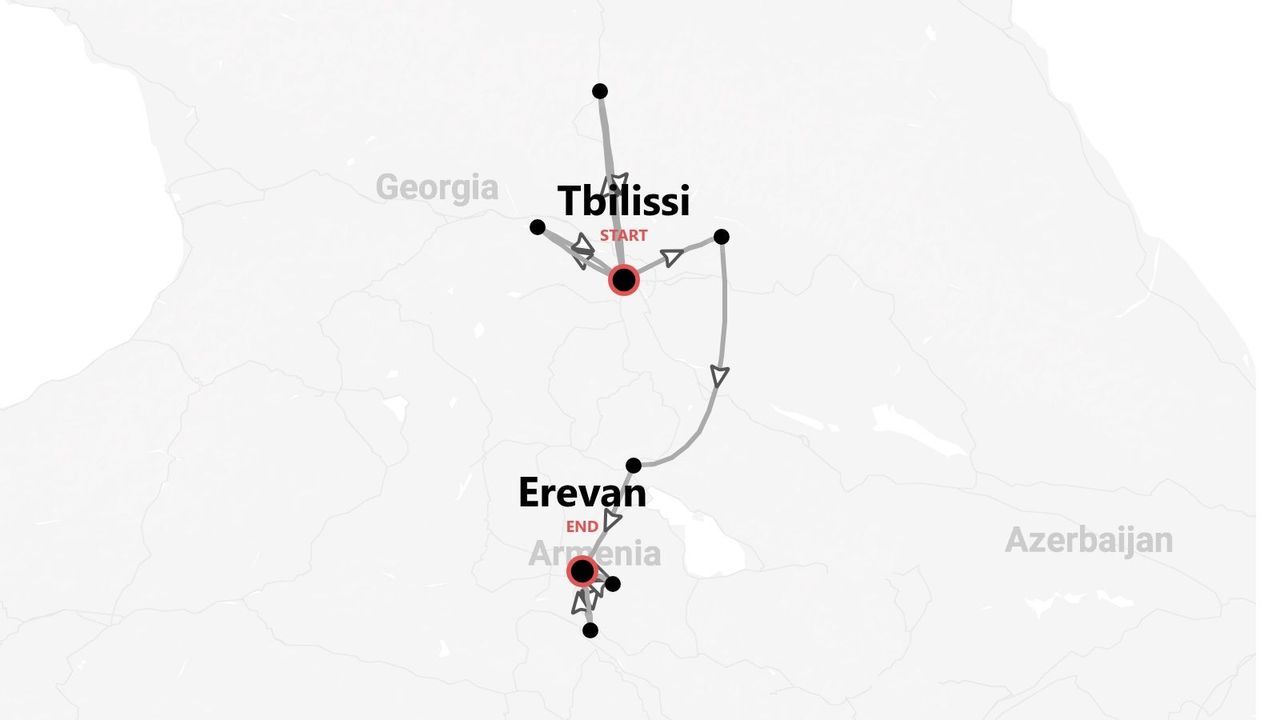 Carte d'un itinéraire de voyage de Tbilissi, Géorgie à Erevan, Arménie.