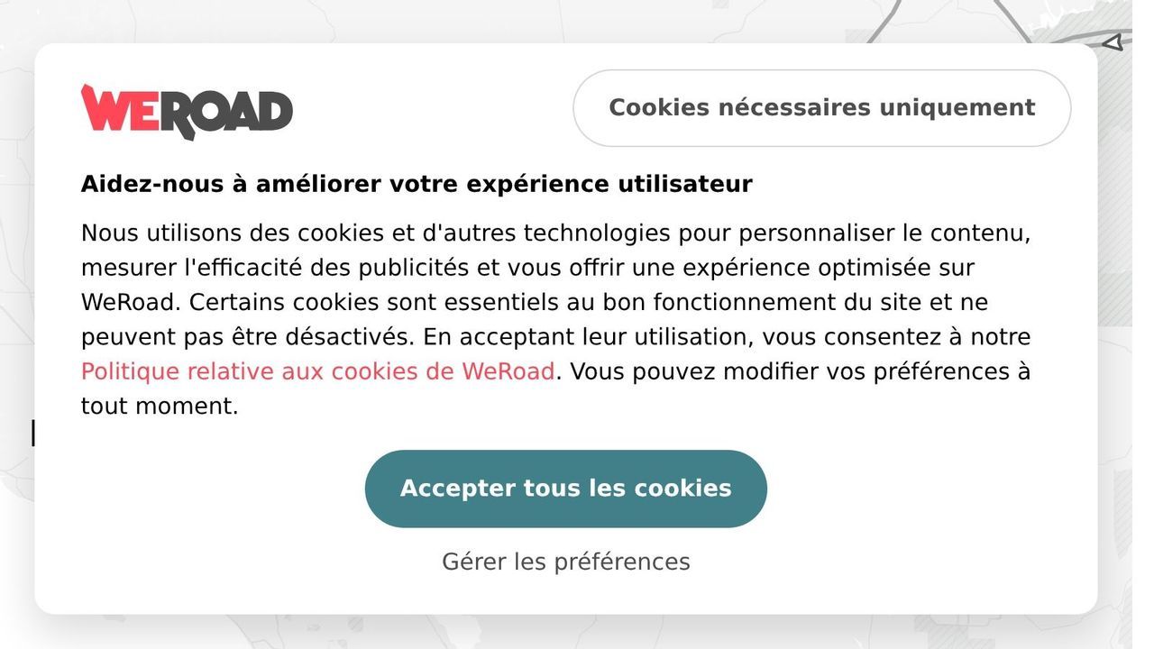 Une capture d'écran de la bannière de consentement aux cookies du site WeRoad, présentant les options pour accepter les cookies ou gérer ses préférences.