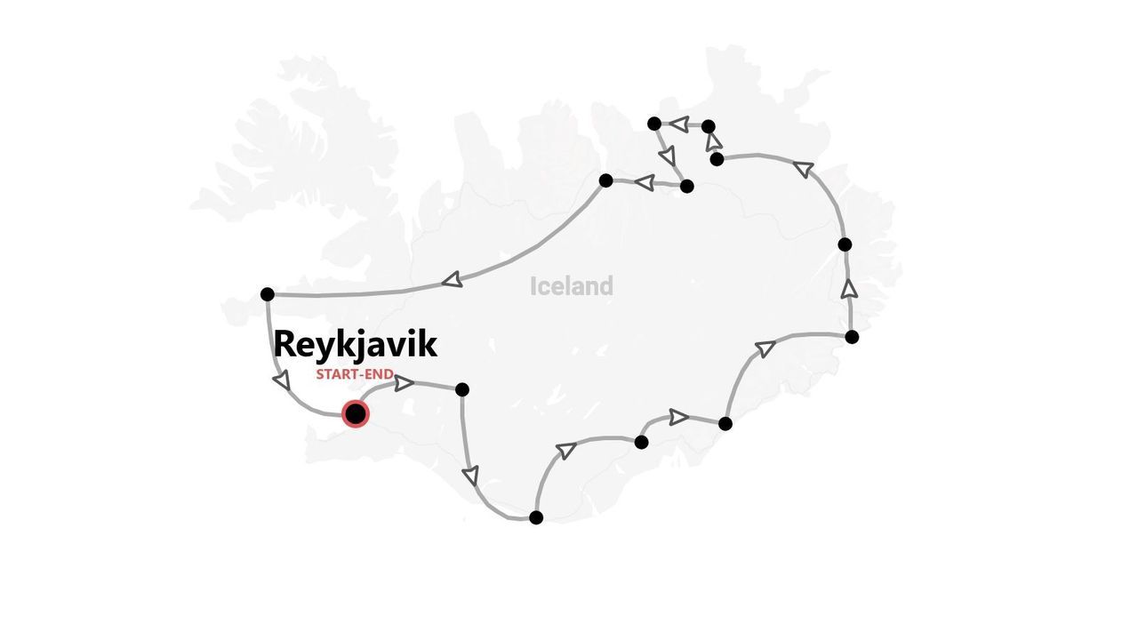 Une carte de l'Islande présentant un itinéraire de voyage en boucle autour de l'île, avec un départ et une arrivée à Reykjavik.