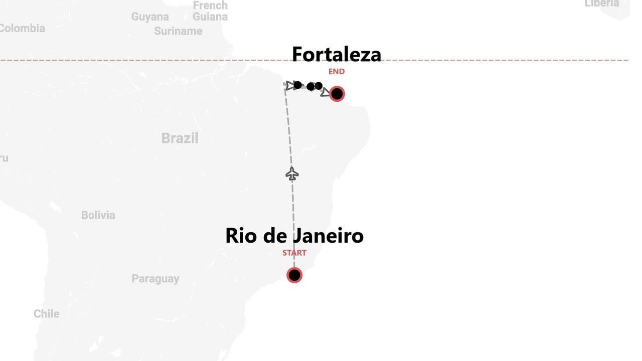 Carte du Brésil avec itinéraire de voyage de Rio de Janeiro à Fortaleza.