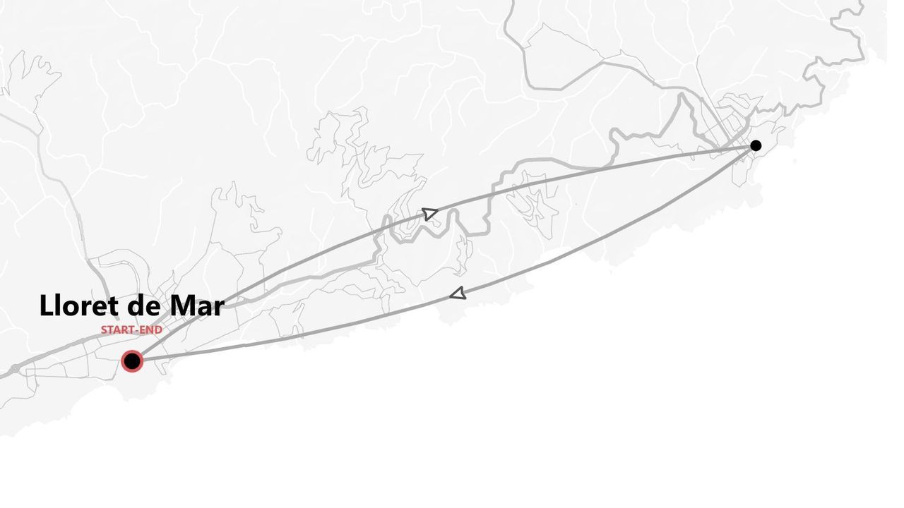 Mappa stilizzata di un itinerario di viaggio con partenza e arrivo a Lloret de Mar.