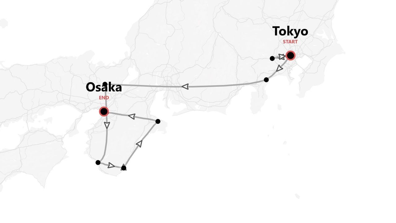 Mappa di un itinerario di viaggio in Giappone, da Tokyo a Osaka, con varie tappe lungo il percorso.
