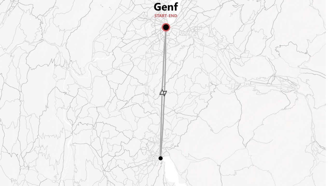 Stilisierte Karte einer Reiseroute mit Start- und Endpunkt in Genf.