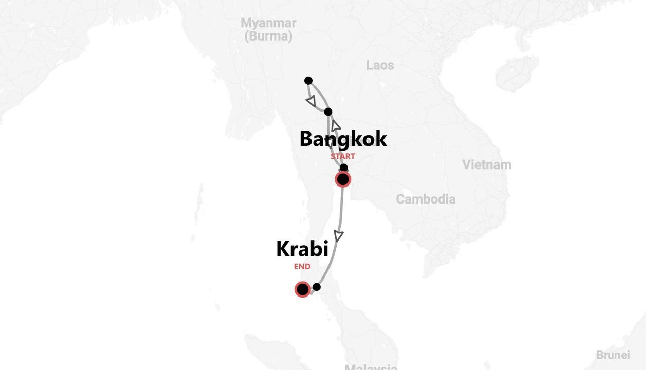 Karte einer Reiseroute durch Thailand, mit Startpunkt in Bangkok und Endpunkt in Krabi.