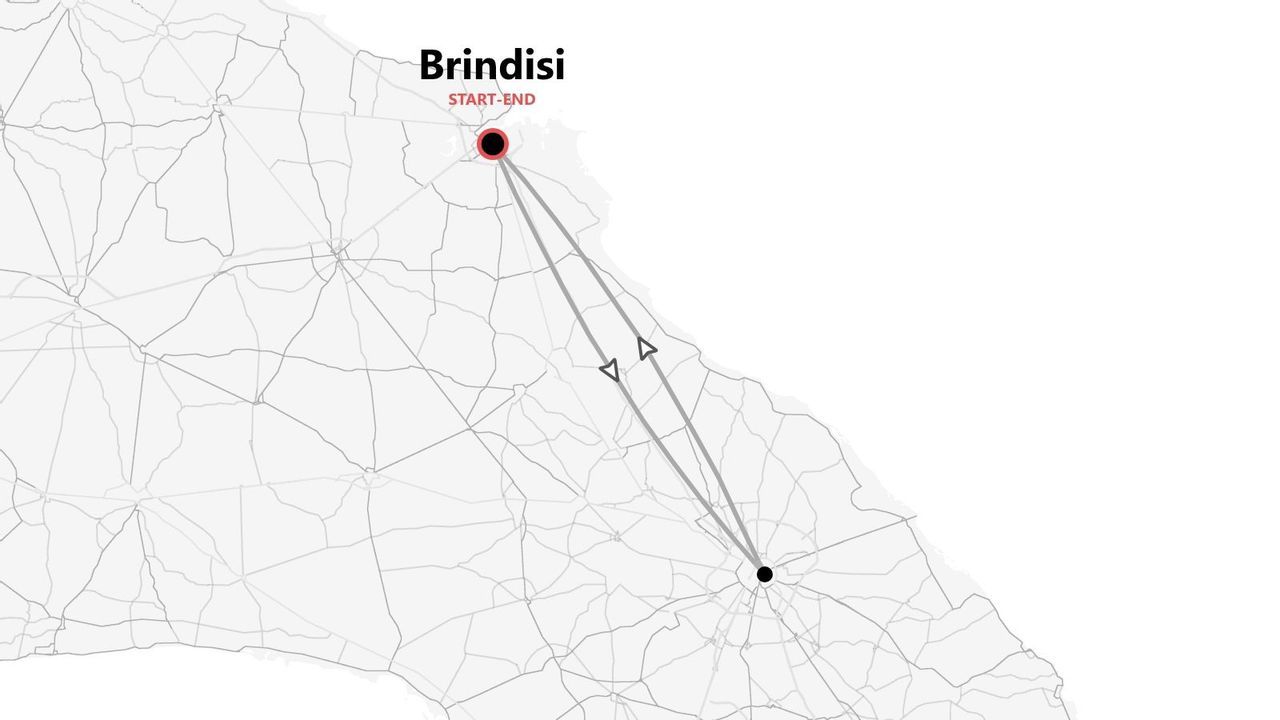 Mappa di un itinerario di viaggio con partenza e arrivo a Brindisi.