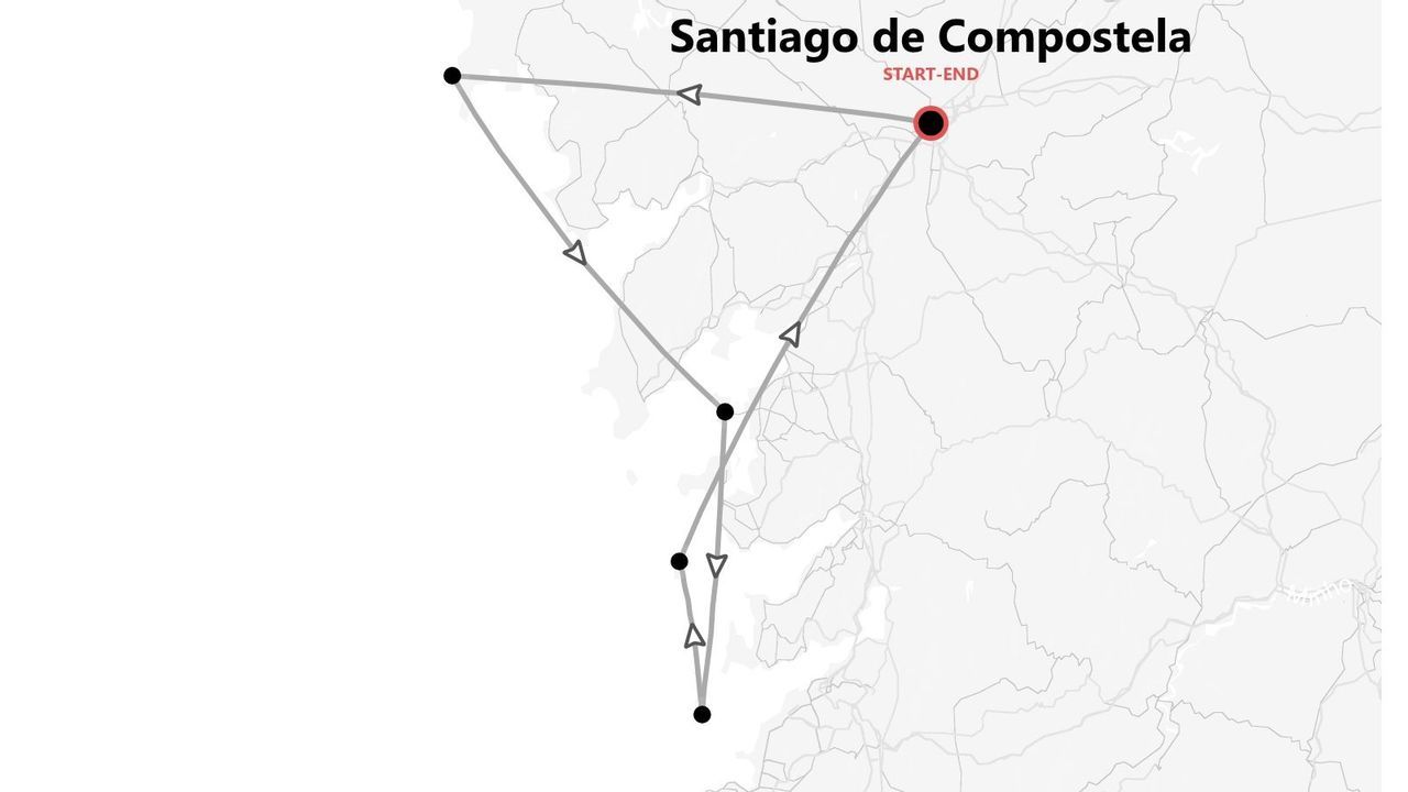 Mapa de un itinerario de viaje que comienza y termina en Santiago de Compostela, con varias paradas en el camino.