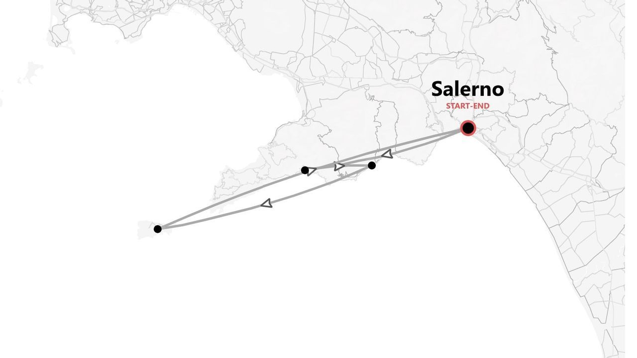 Eine Karte, die eine Reiseroute mit mehreren Stationen entlang einer Küste darstellt, die in Salerno beginnt und endet.
