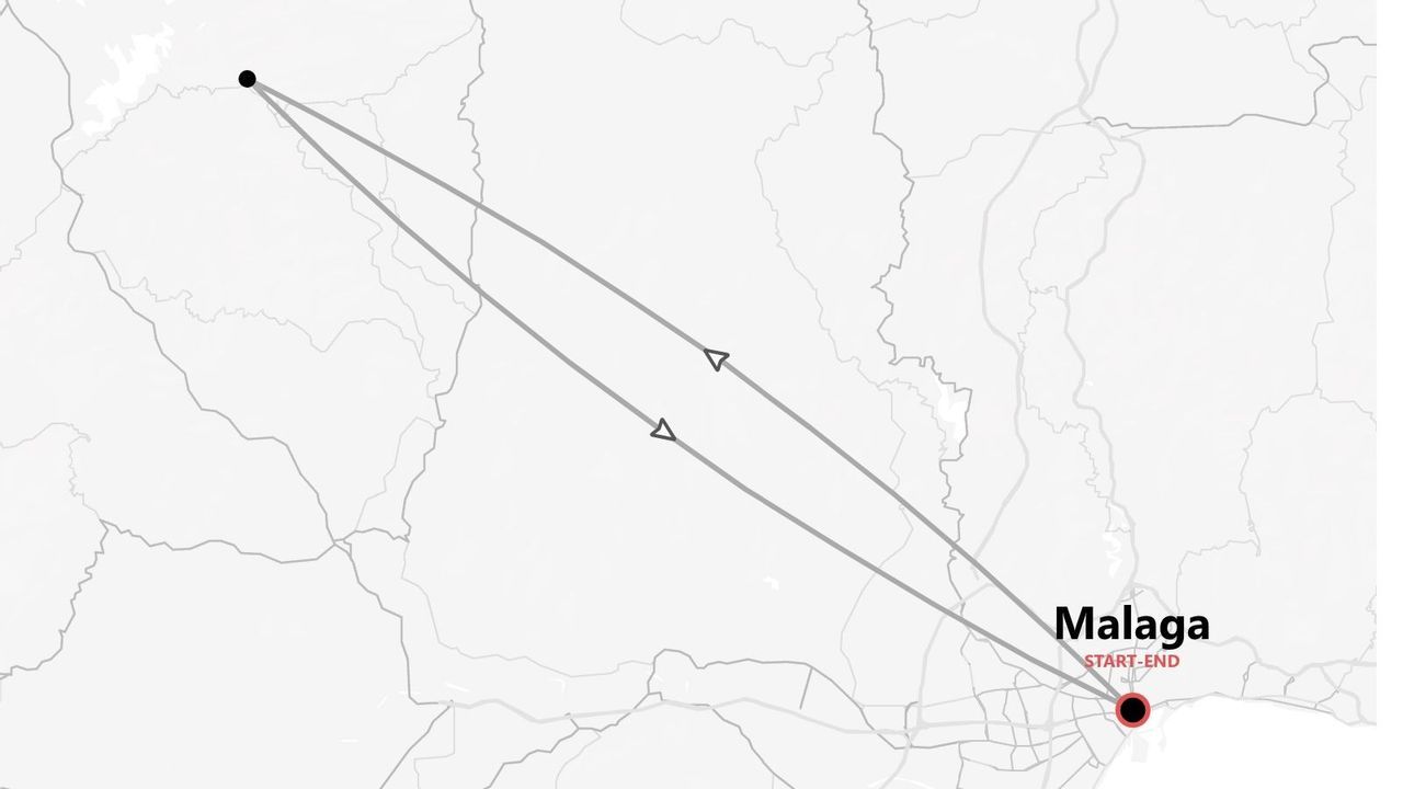 Eine Karte mit einem Rundreise-Reiseverlauf, Start- und Endpunkt in Málaga.