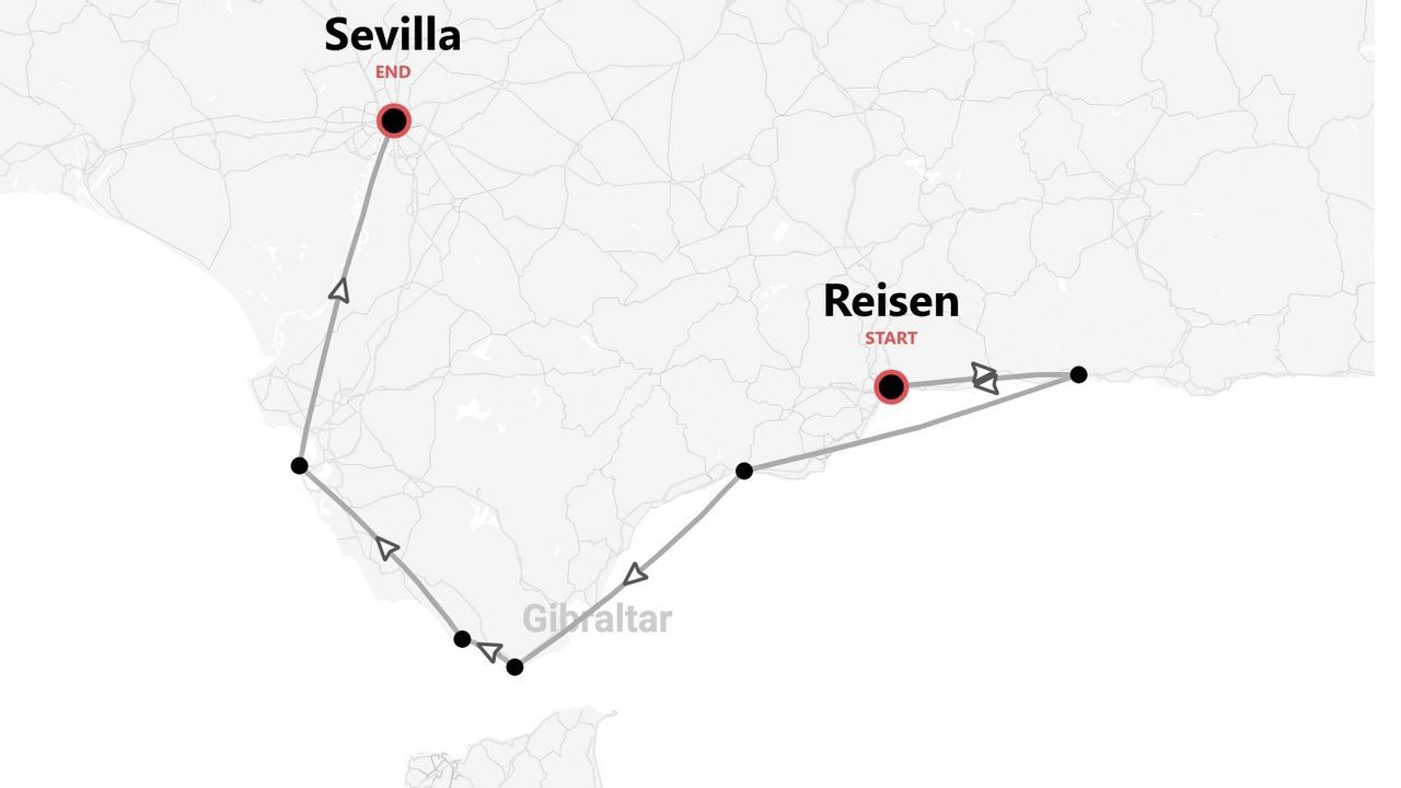 Eine Karte mit einer Reiseroute durch Südspanien, die an einem als „Reisen“ markierten Punkt beginnt, über Gibraltar führt und in Sevilla endet.