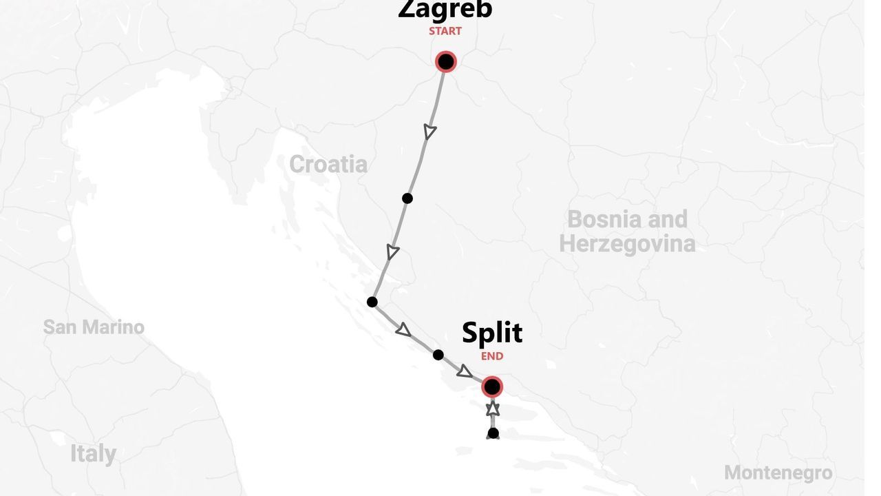 Kroatien-Karte mit Reiseroute von Zagreb nach Split und Zwischenstopps.