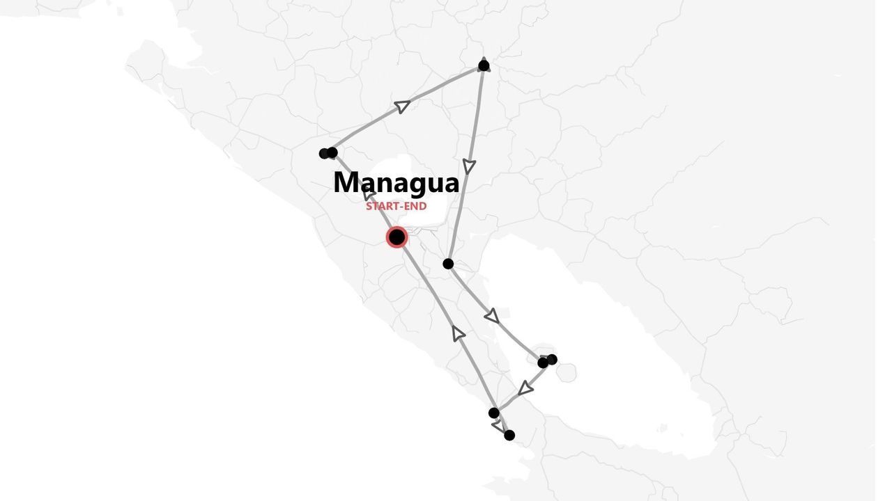 Eine Karte, die eine Reiseroute durch Nicaragua illustriert, mit Start und Ziel in der Hauptstadt Managua.