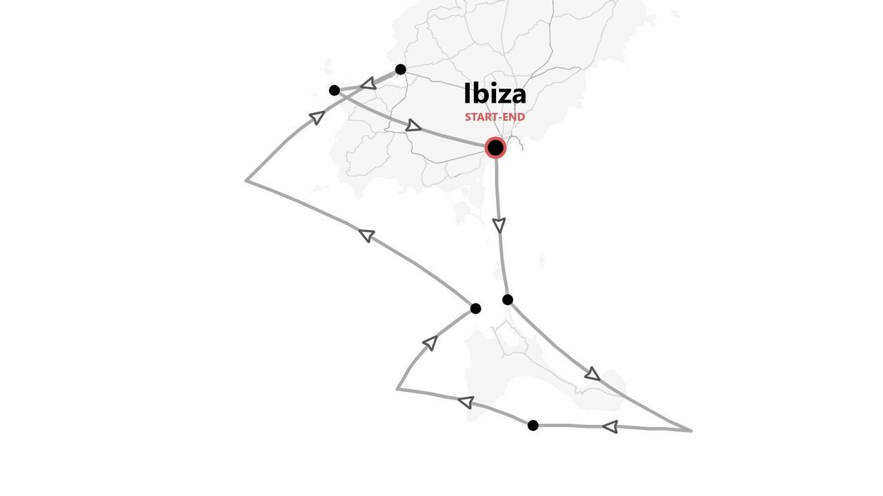 Mappa dell'itinerario di viaggio per un tour dell'isola di Ibiza, con Ibiza indicata come punto di partenza e arrivo.