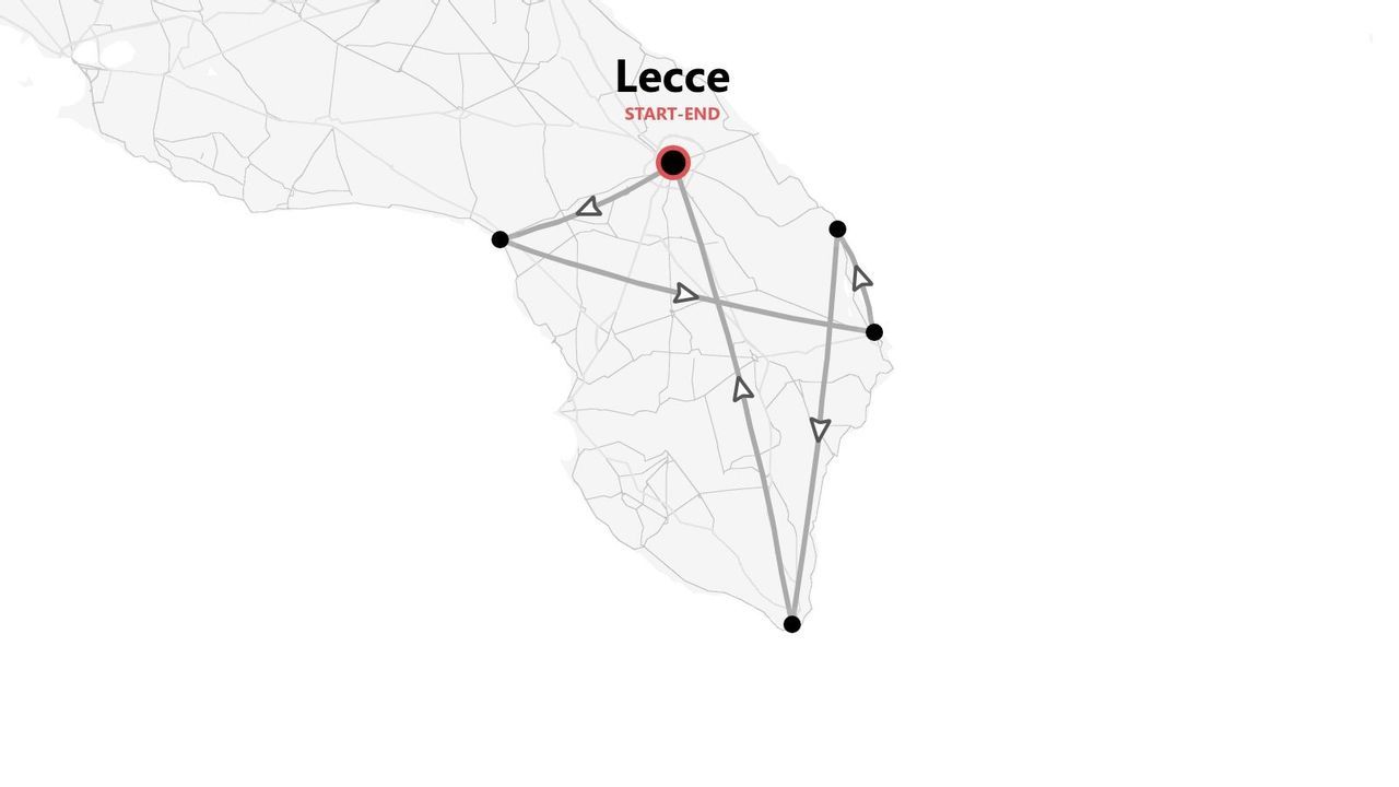 Una mappa che illustra un itinerario turistico attraverso la penisola salentina, con Lecce indicata come punto di partenza e arrivo.