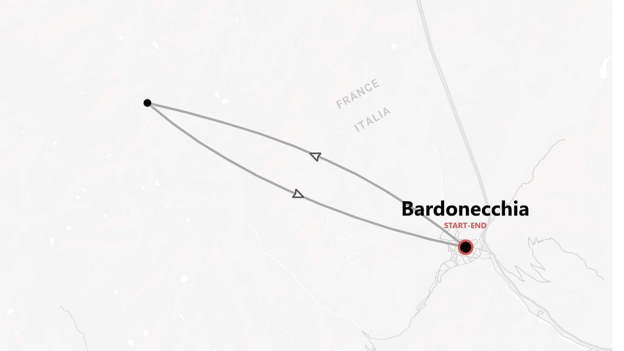 Mappa di un itinerario circolare con partenza e arrivo a Bardonecchia, Italia, che sconfina in Francia.
