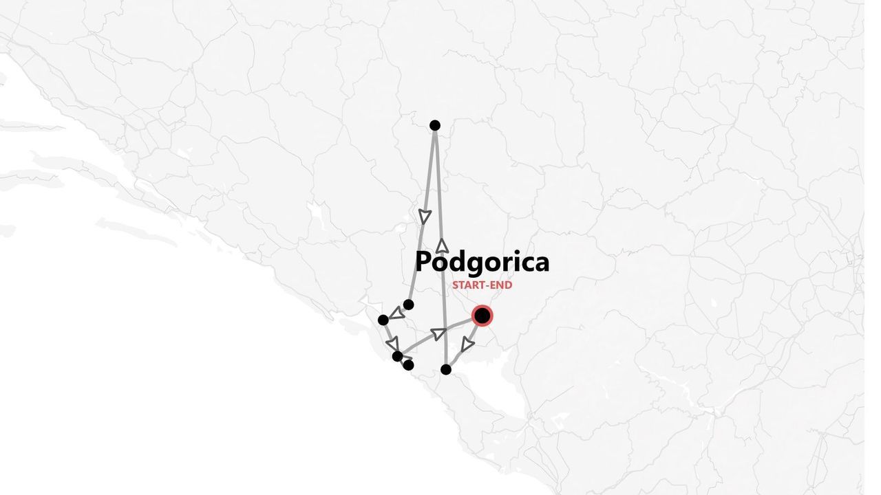 Mappa di un itinerario di viaggio con tappe, con partenza e arrivo a Podgorica.