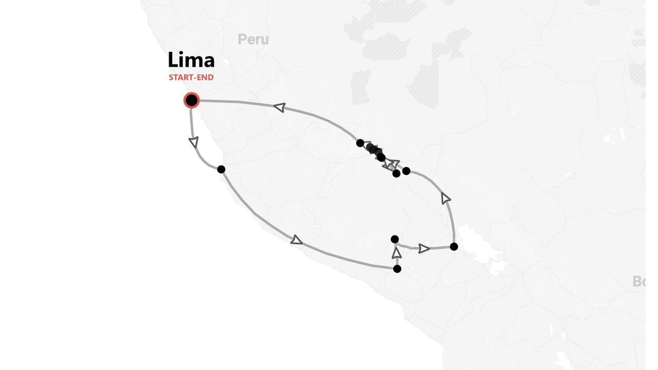 Mapa de itinerario turístico en Perú, ruta circular con inicio y fin en Lima.
