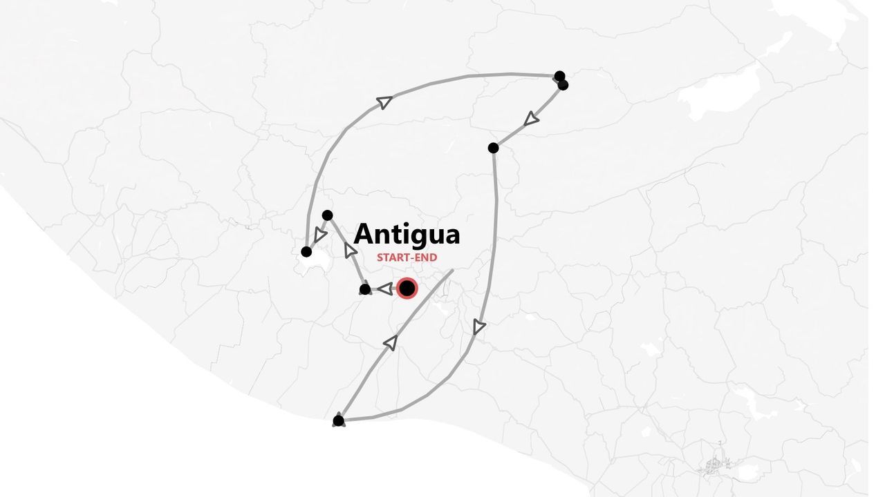 Eine stilisierte Reisekarte, die eine in Antigua beginnende und endende Route mit eingezeichneten Stopps darstellt.