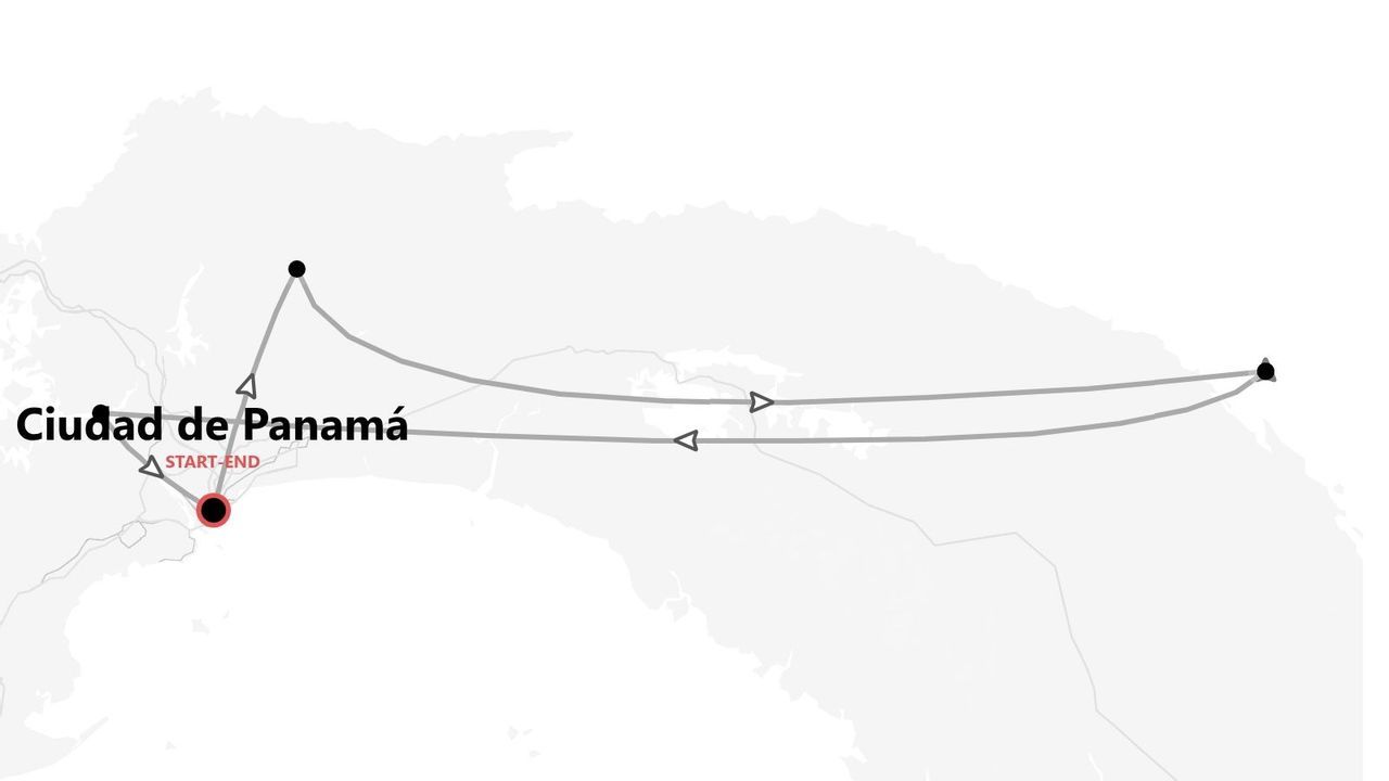 Mapa de ruta turística con inicio y fin en Ciudad de Panamá.