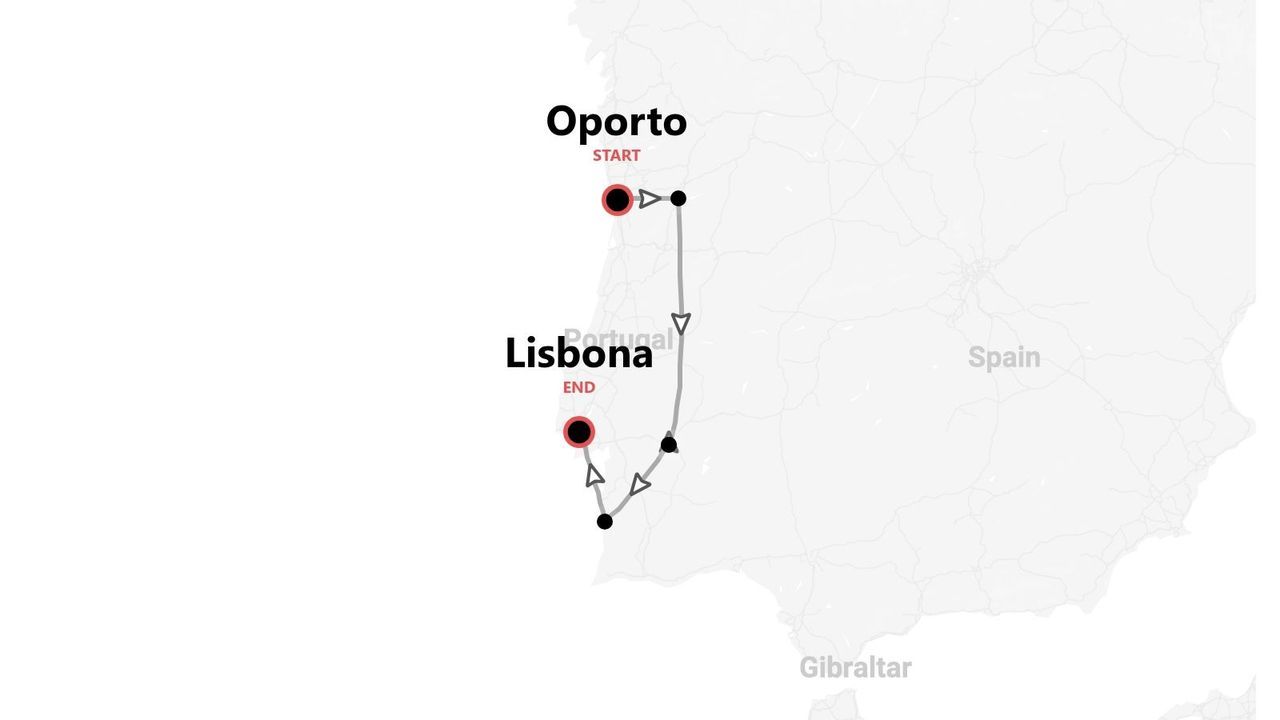 Mappa di un itinerario di viaggio in Portogallo, da Porto a Lisbona.