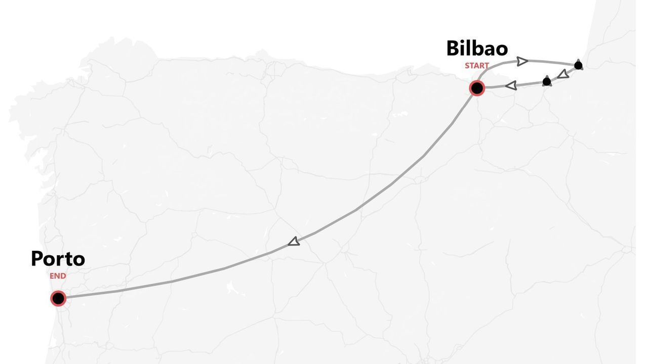 Mappa dell'itinerario di viaggio da Bilbao a Porto