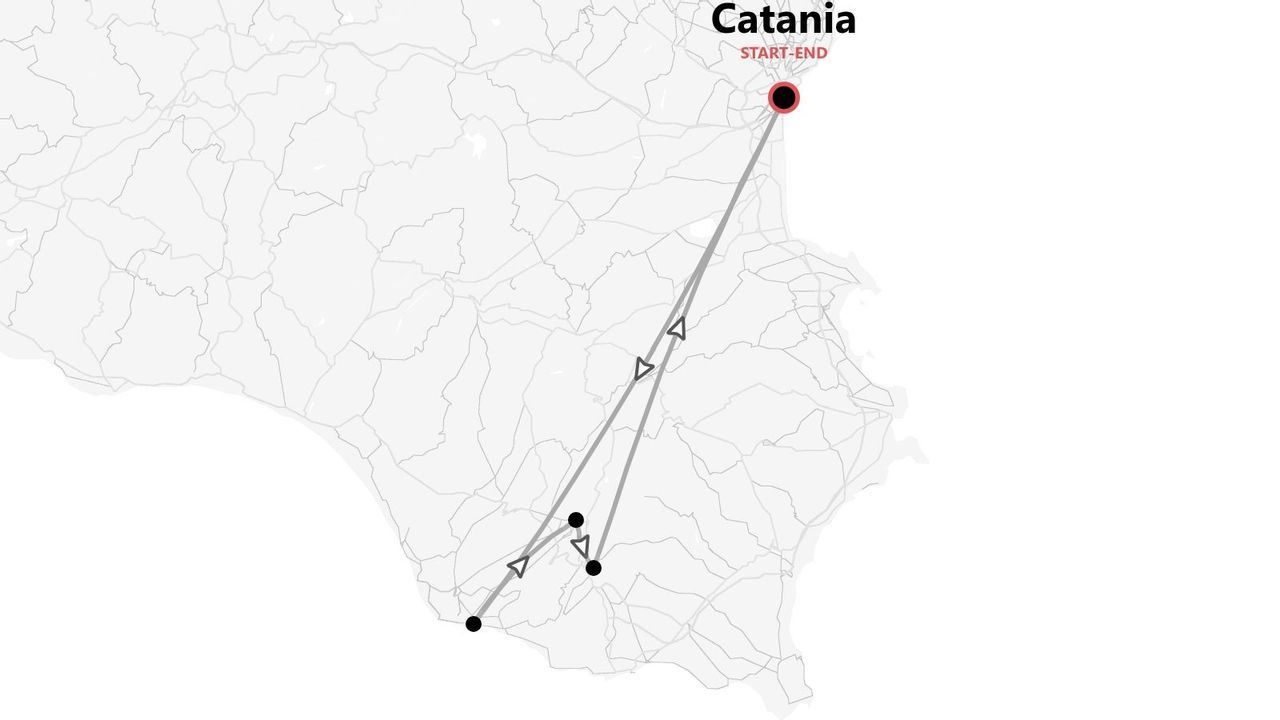 Mappa di un itinerario di viaggio con partenza e arrivo a Catania.