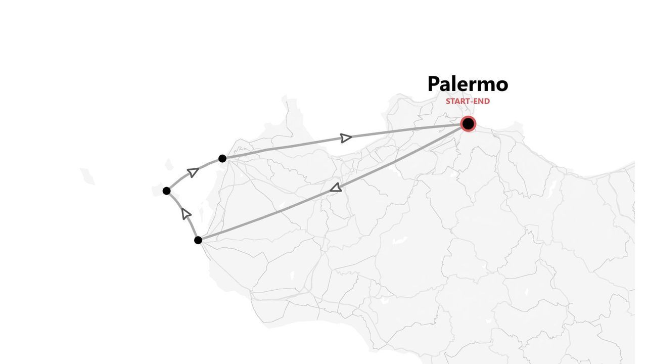 Una mappa che mostra un itinerario turistico che inizia e finisce a Palermo, percorrendo la costa occidentale della Sicilia.