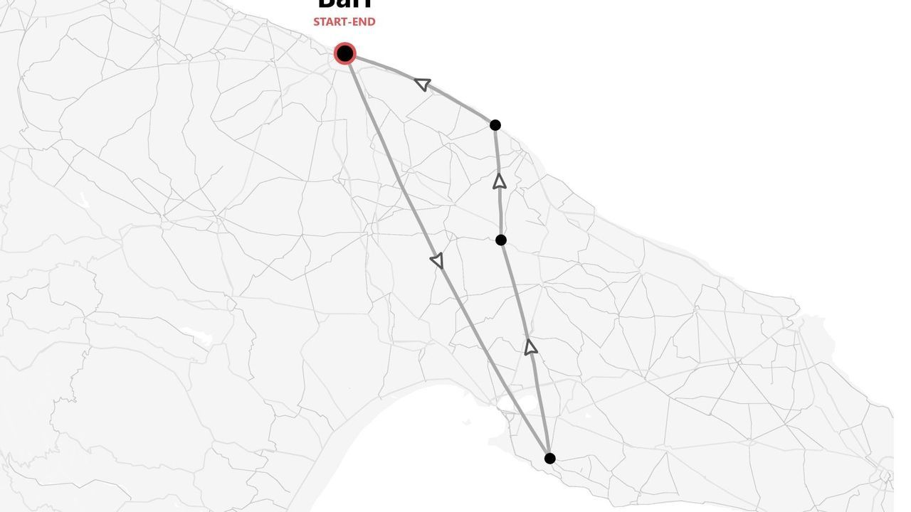 Una mappa che mostra un itinerario di viaggio con partenza e arrivo a Bari.