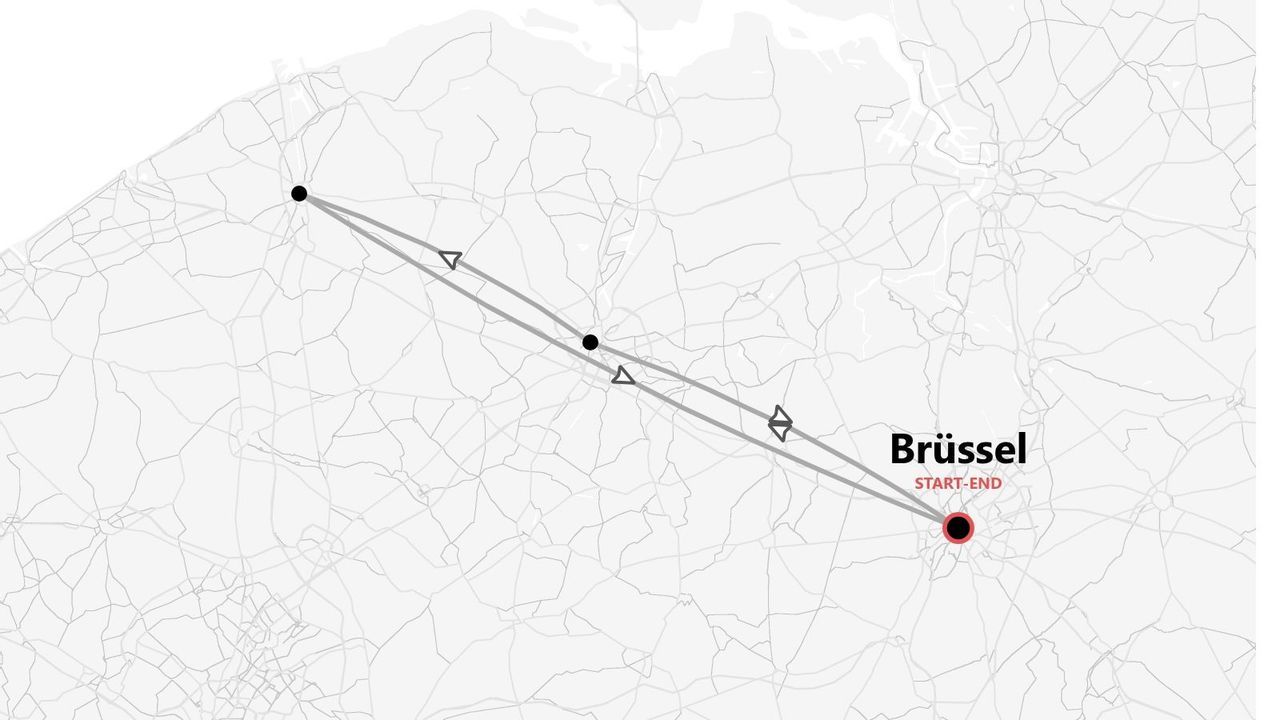 Eine stilisierte Karte, die eine Reiseroute zeigt, die in Brüssel beginnt und endet und mit einem roten Punkt markiert ist.