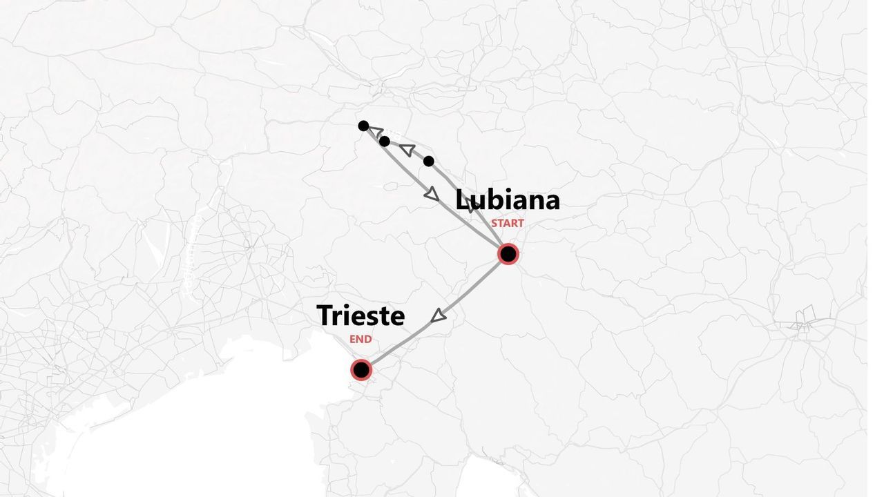 Mappa di un itinerario di viaggio da Lubiana a Trieste, con tappe intermedie.